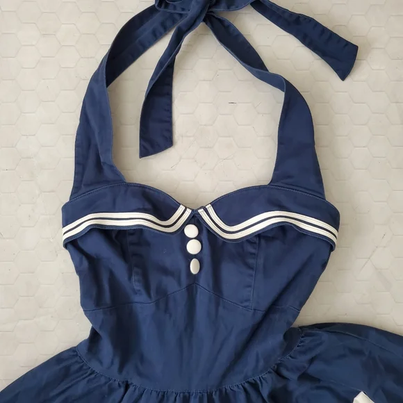 Hell Bunny Vixen Blue Skull Anchor Sailor Nautical Halter Dress - Picture 4 of 9
